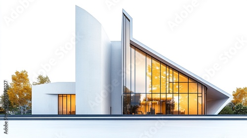 Obraz na płótnie A modern church with a sleek facade, large glass windows, and minimalist design, cleanly isolated on a crisp white background. w salonie