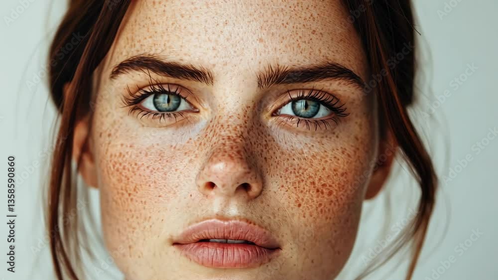 Close-up of a woman with striking blue eyes and natural freckles against a neutral background Close-up of a woman with striking blue eyes and natural freckles against a neutral background