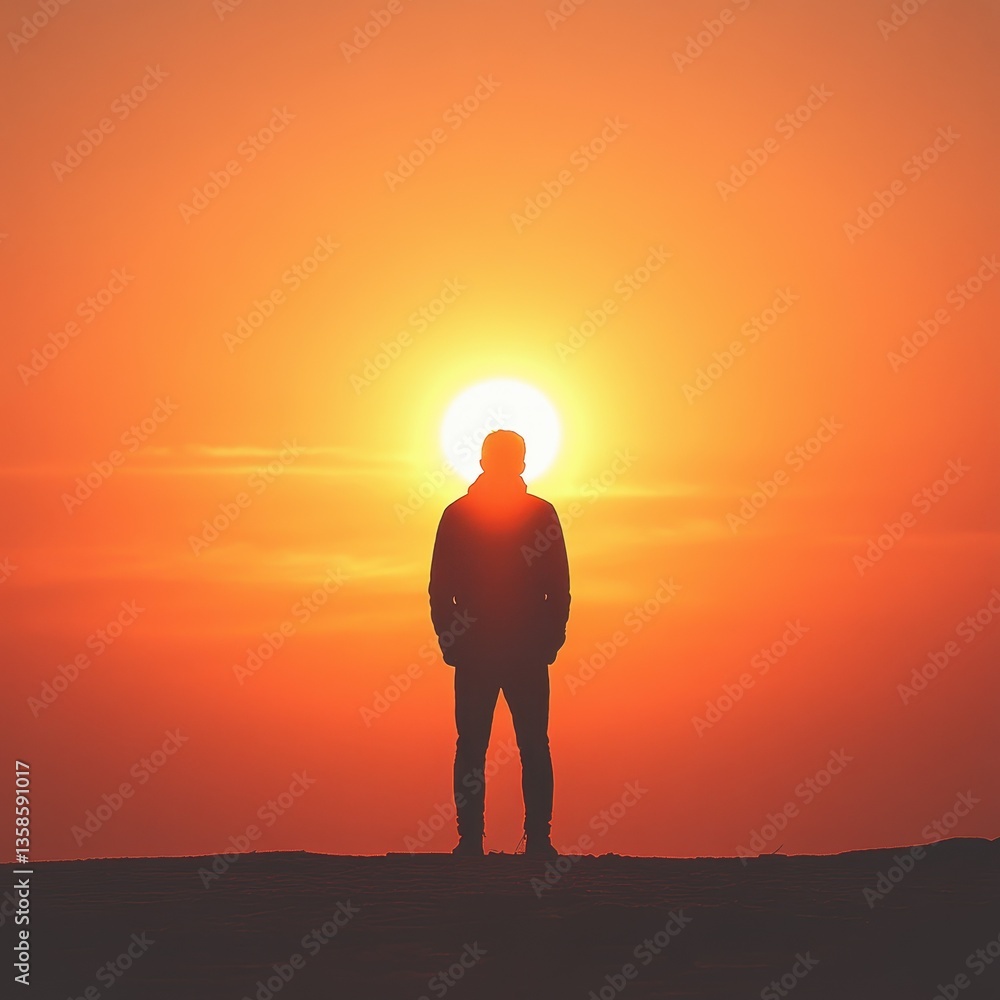 Silhouette of a man standing against a vibrant sunset background. Silhouette of a man standing against a vibrant sunset background.