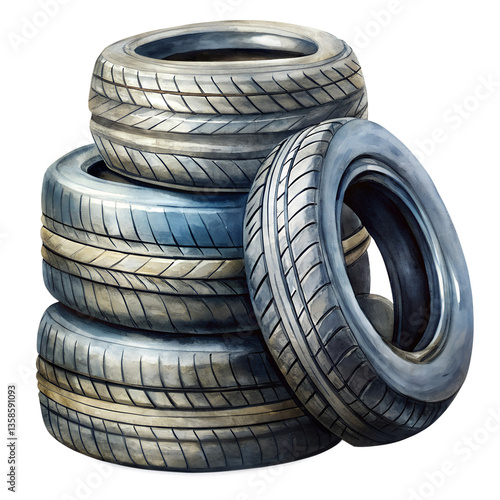 A Stack of Used Car Tires Watercolor Painting Illustration isolated on white or transparent background