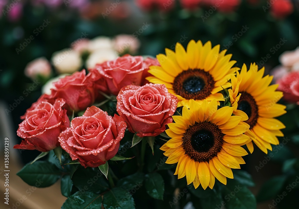 Fototapeta premium Close-up of Roses and Sunflowers with Dew Drops for Floral Designs