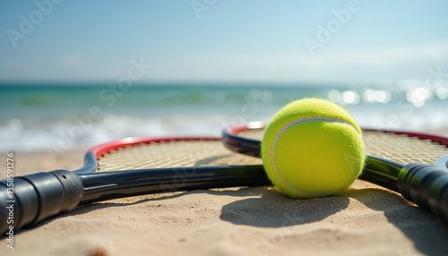 Tennis rackets and ball on sandy beach near ocean