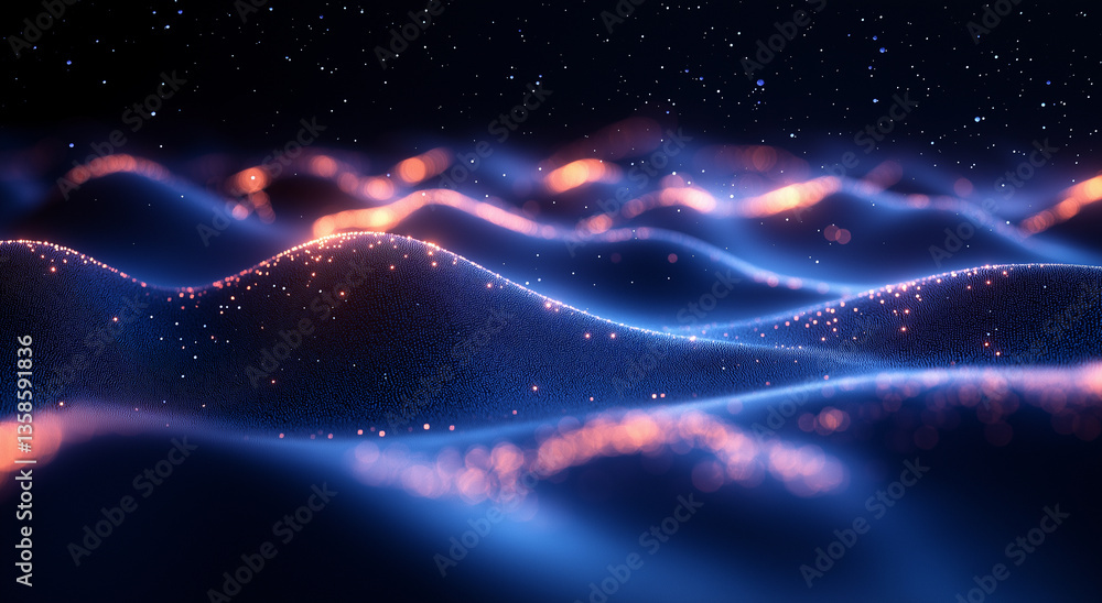 Obraz premium Abstract glowing point wave background for tech visuals, artificial intelligence, and data-driven concepts.