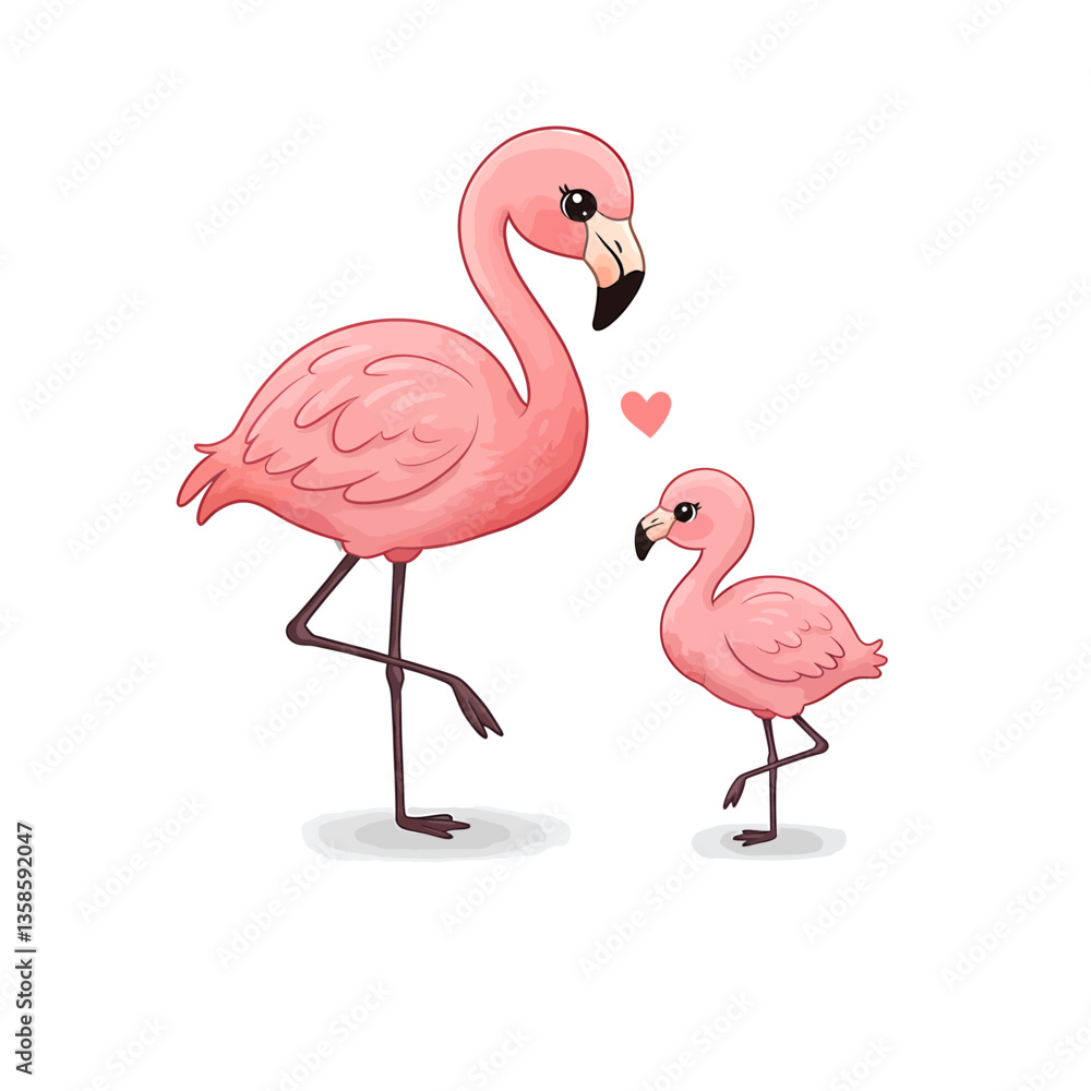 Fototapeta premium Cute Flamingo Mother and Baby, Pink Bird Family, Love and Affection Illustration