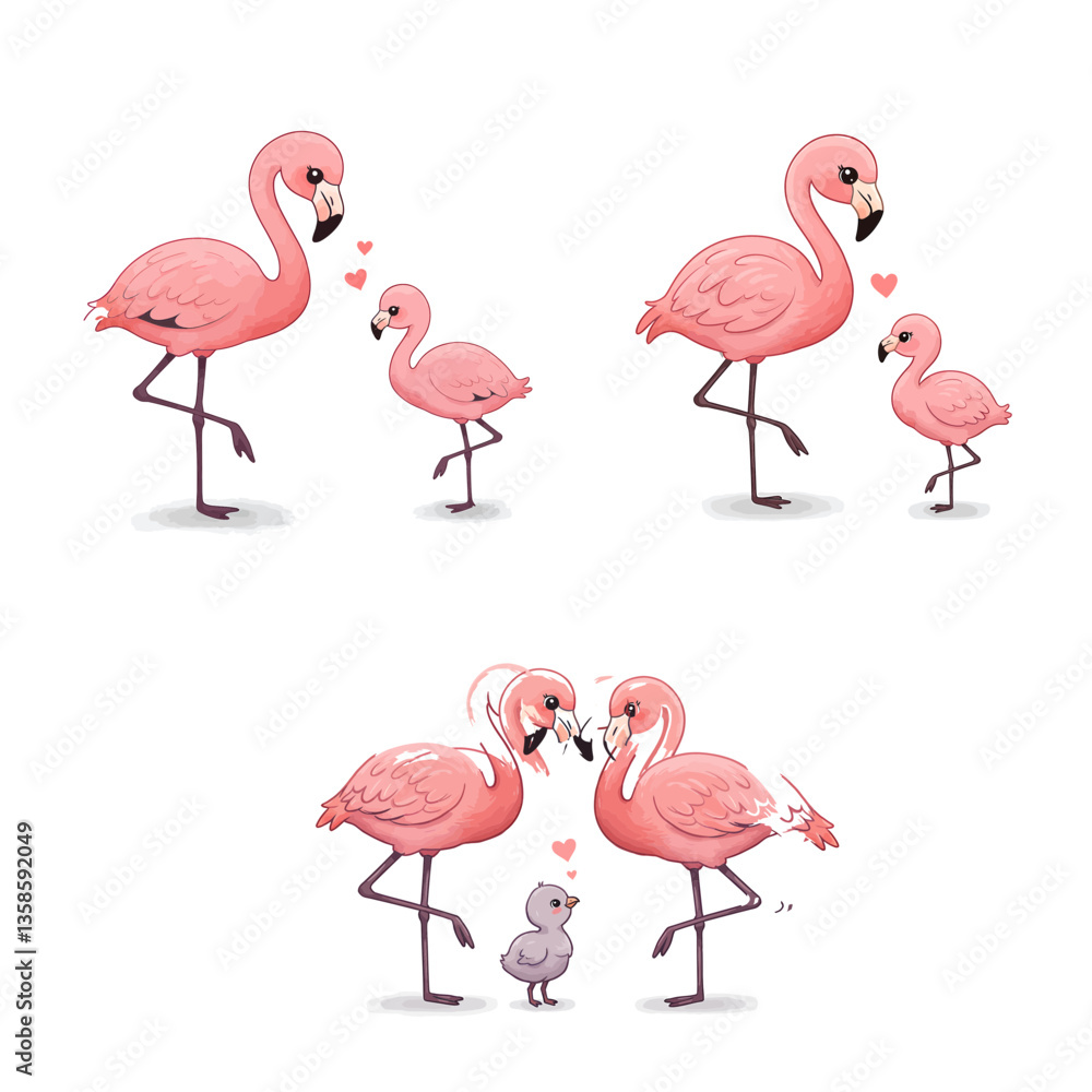 Fototapeta premium Cute Flamingo Mother and Baby, Pink Bird Family, Love and Affection Illustration