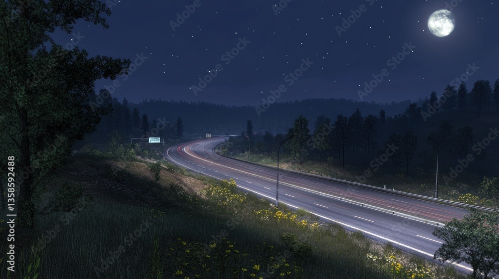 Fototapeta premium Night Highway Under the Moon's Glow