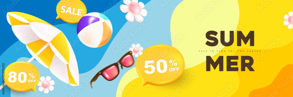 Fototapeta premium Summer sale web banner template with ripple abstract wave background and tropical beach vibes decor