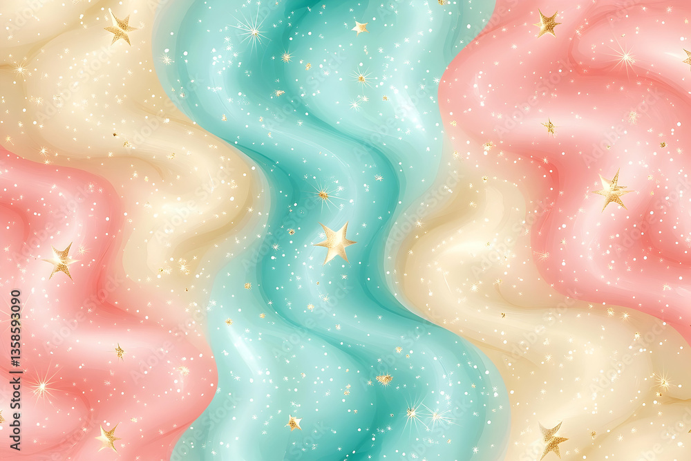 Fototapeta premium Abstract wavy background with pastel colors and golden stars, ideal for creative designs and wallpapers