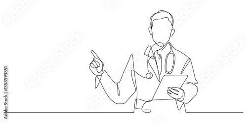 doctor with hospital gown pointing pose one line drawing continuous