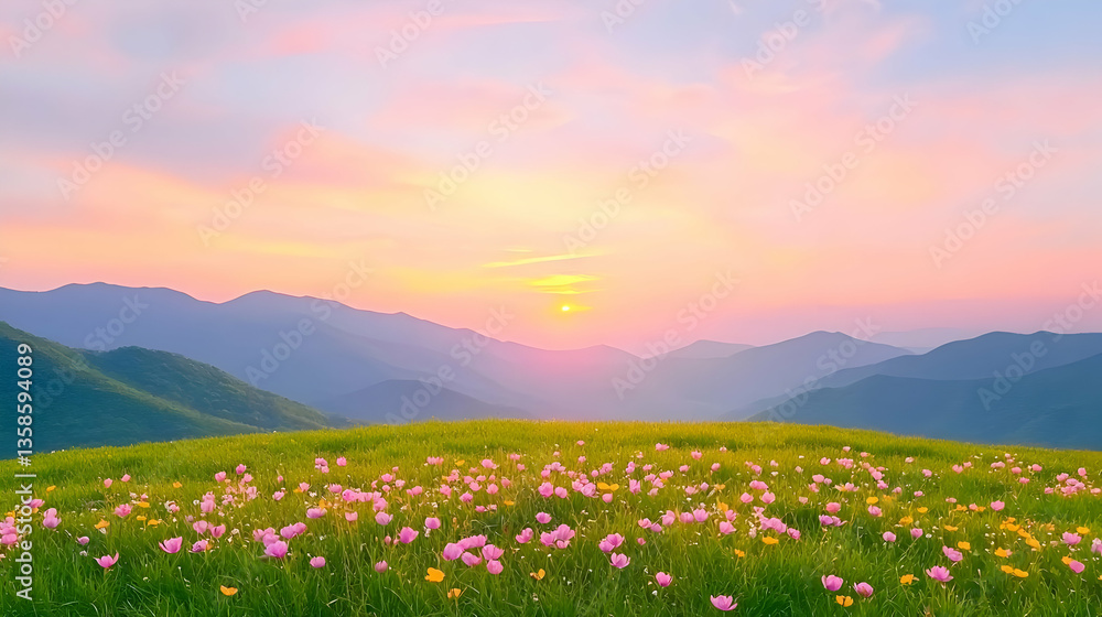 Fototapeta premium Panoramic Viewpoint of Spring Landscape with Dramatic Skies at Sunset