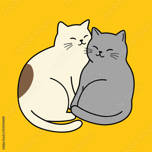 An illustration of two cats, one white and one grey, cuddling together on a bright yellow background. The cats have content expressions, and the image has a minimalist, cute style