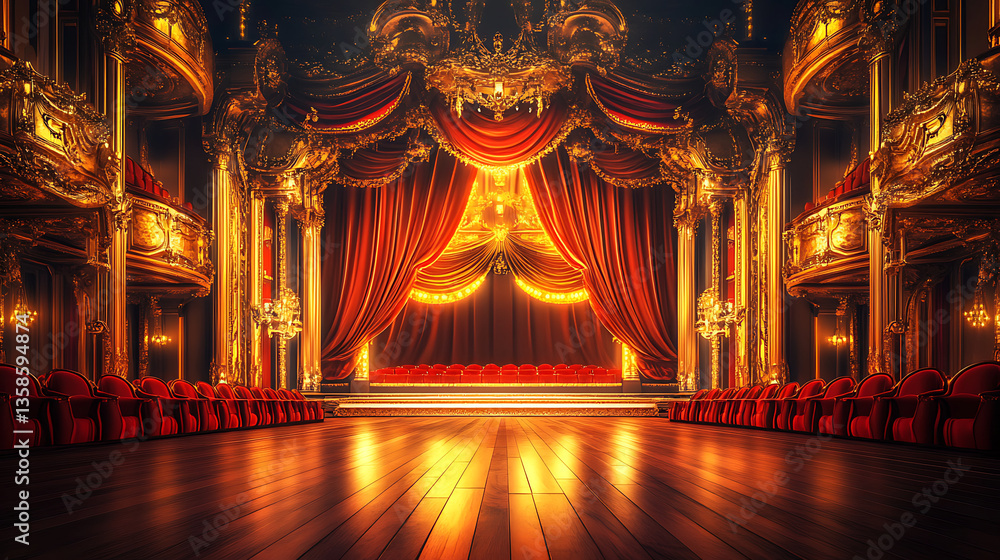 Obraz premium Luxurious Theater Stage With Red Curtains Gold Decorations and Warm Lighting Creating an Opulent Atmosphere