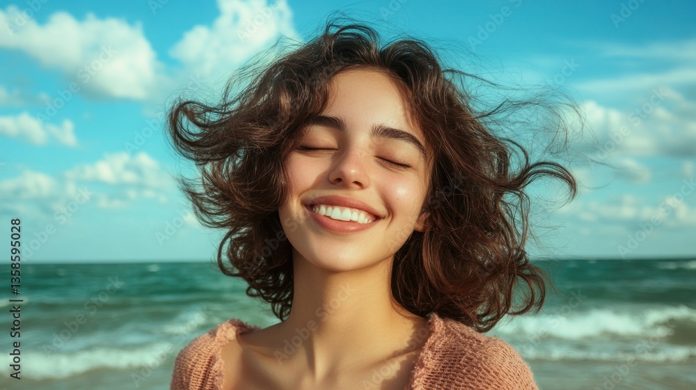 Smiling Woman at the Beach with Ocean Breeze Smiling Woman at the Beach with Ocean Breeze