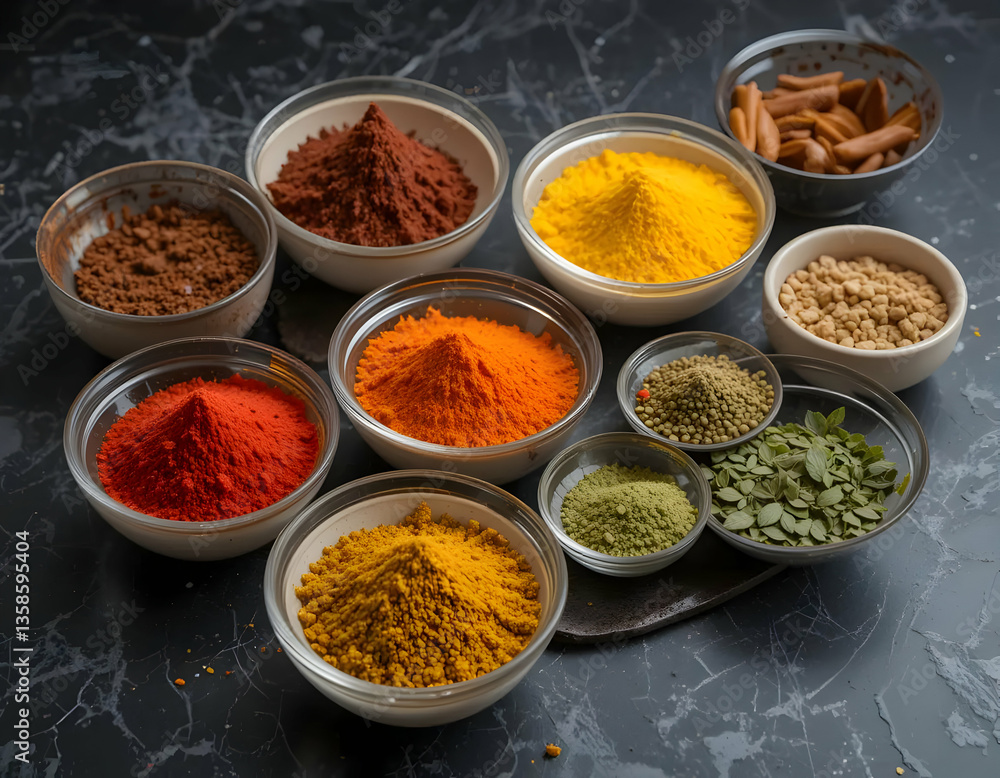 A colorful arrangement of various spices displayed in glass bowls A colorful arrangement of various spices displayed in glass bowls