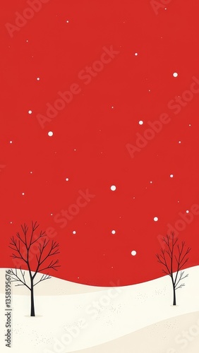 Abstract Christmas scenery with red sky, white snowflakes and simple trees. Stylish winter background for seasonal greeting cards, holiday designs, or festive decorations.