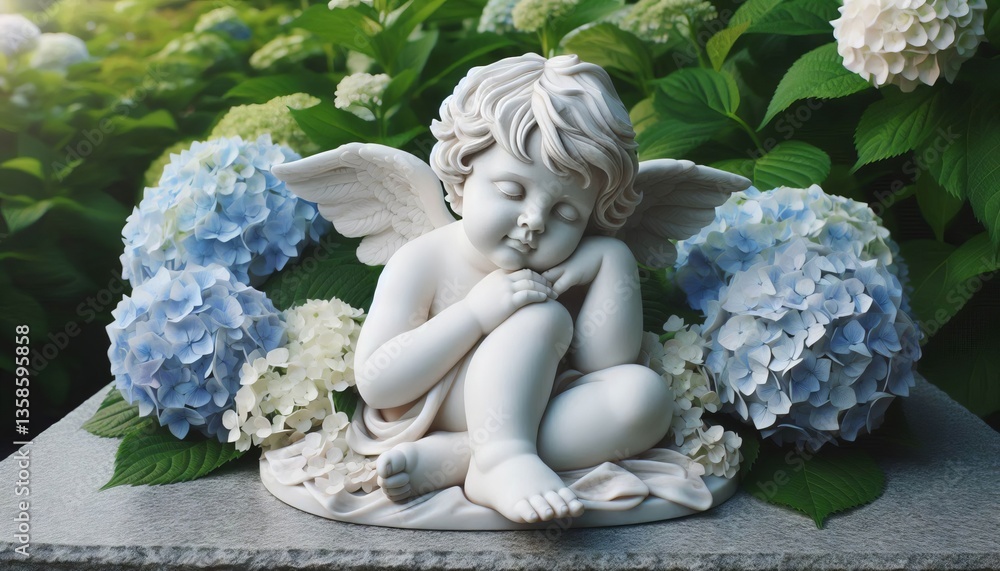 Statue Serenity A marble statue of a cherub rests peacefully ami Statue Serenity A marble statue of a cherub rests peacefully ami