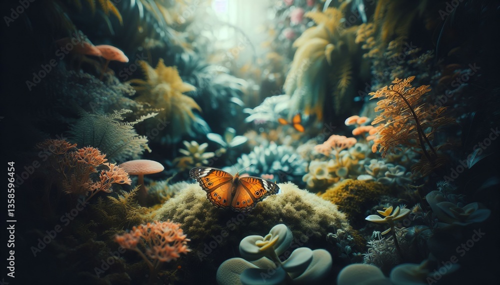 Fototapeta premium Butterfly softly settled within a botanical garden surrounded by