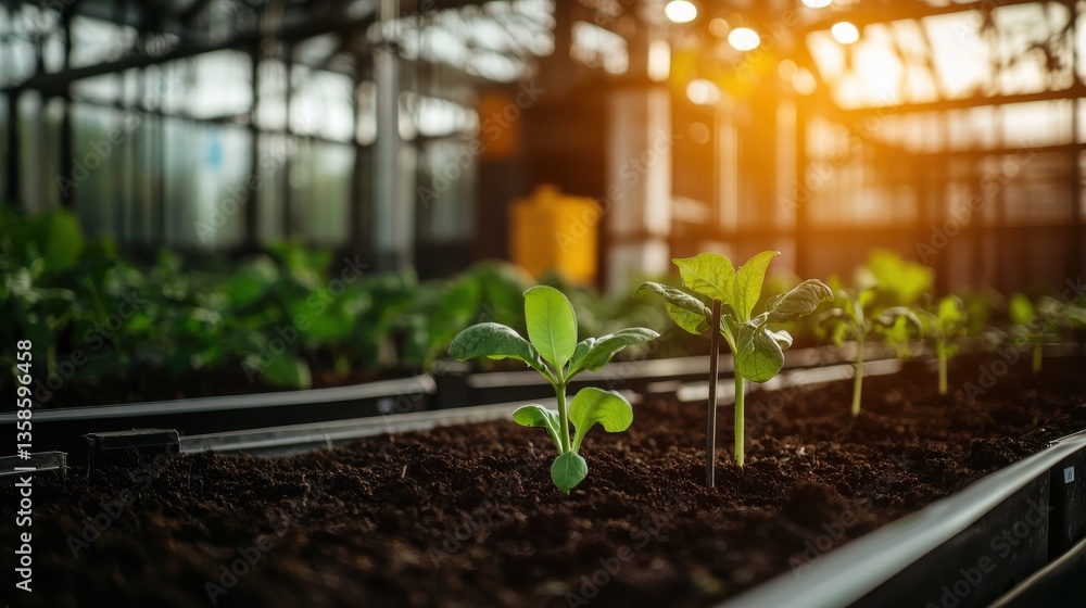 Tender green seedlings sprouting from soil inside a warm bright greenhouse with abundant natural light promoting their healthy growth Tender green seedlings sprouting from soil inside a warm bright greenhouse with abundant natural light promoting their healthy growth