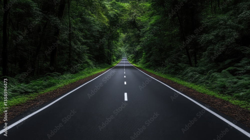 Obraz premium Serene forest road stretches into distance. Lush, green trees line a paved highway