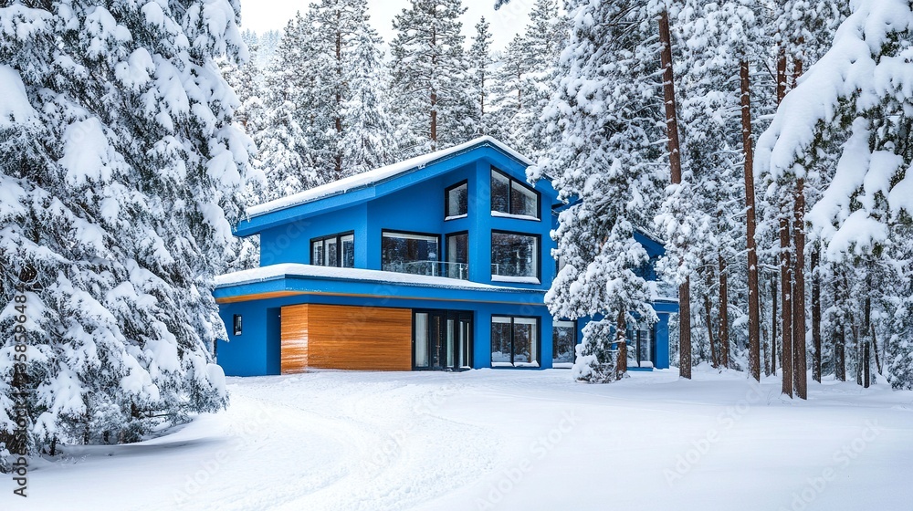 A striking blue modern home with sharp architectural lines, surrounded by towering pine trees dusted in snow, epitomizing winter elegance. A striking blue modern home with sharp architectural lines, surrounded by towering pine trees dusted in snow, epitomizing winter elegance.