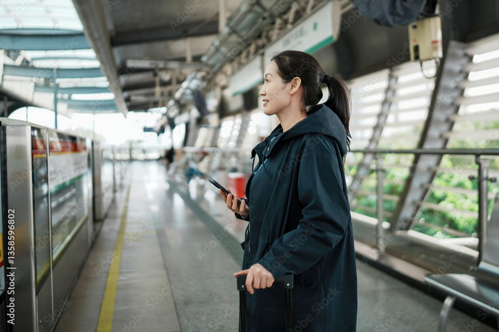 Young Woman Waiting at Modern Train Station with Luggage Young Woman Waiting at Modern Train Station with Luggage