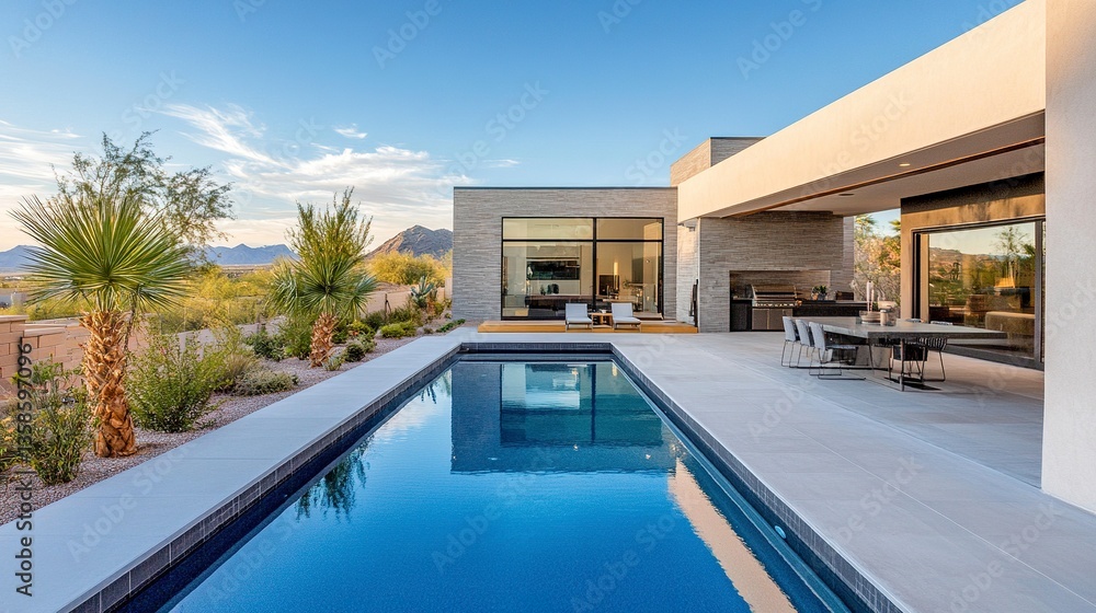 Fototapeta premium A stunning backyard view of a modern home, complete with a rectangular pool and minimalist landscaping, emphasizing contemporary architectural style.