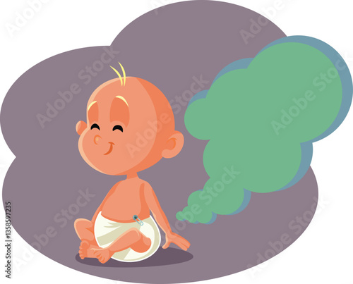 Funny Baby Farting Feeling Gassy Vector Cartoon Illustration. Infant having normal bowl movement smiling healthy and happy 
