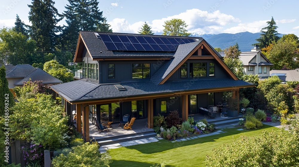 A stylish passive house designed for energy efficiency, with solar panels on its gable roof and a lush, landscaped yard emphasizing eco-conscious living.