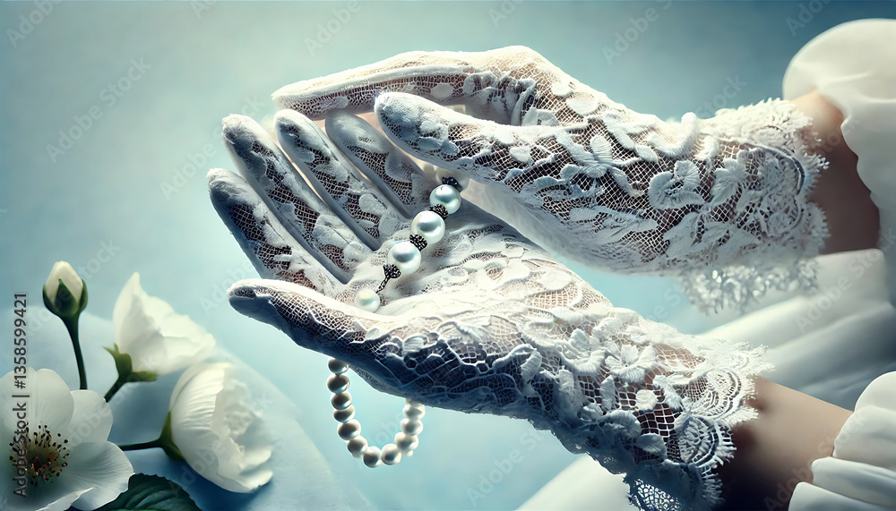 Fototapeta premium An elegant and timeless image captures delicate hands adorned with intricately designed white lace gloves, gently holding a string of lustrous pearls. The refined details of the lace create.