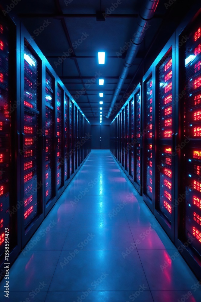 Fototapeta premium Futuristic data center interior with glowing servers and vibrant lighting, ideal for technology, cloud computing, storage, and digital themes, digital, background