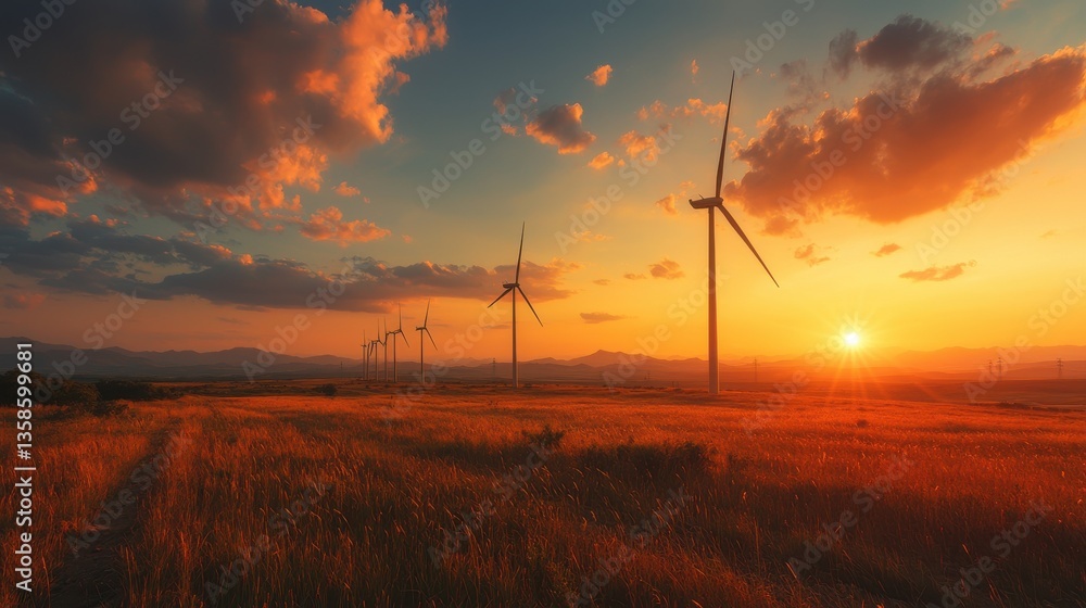 Obraz premium Stunning sunset scene with wind turbines generating renewable energy in a picturesque rural countryside landscape