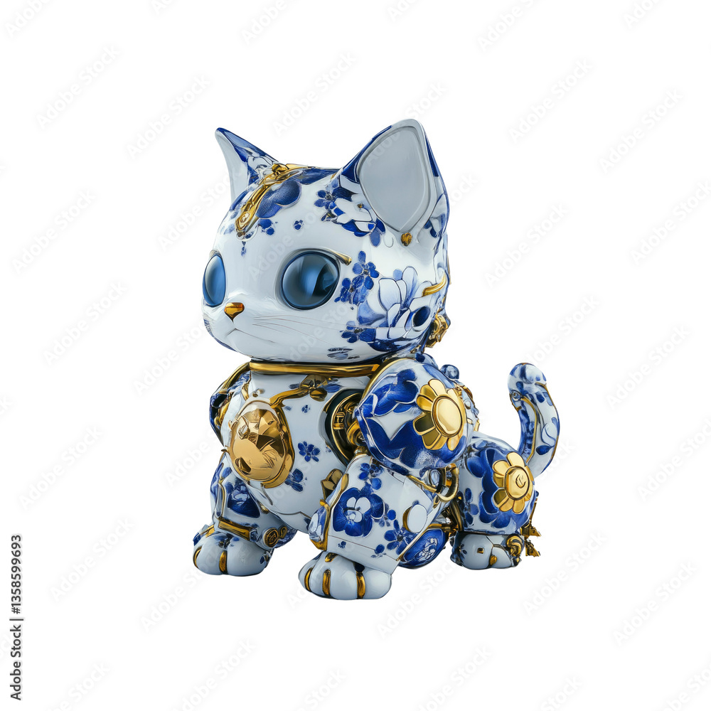 Porcelain Robotic Cat Figurine - Blue and Gold Steampunk Design