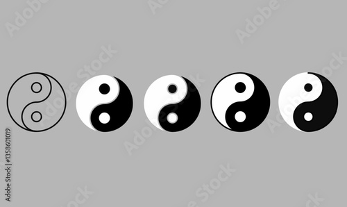 Set of five Yin Yang symbol variations in outline and solid styles. Perfect for balance, harmony, spirituality, and Eastern philosophy-themed designs.