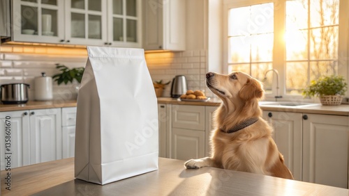 Blank white dog food bag mockup with Golden Retriever sitting eagerly beside a kitchen counter

