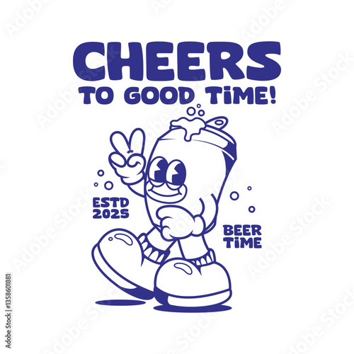 Funny cartoon character of a beer can. Can be used as Sticker, posters, prints. Retro cartoon style. Vector illustration
