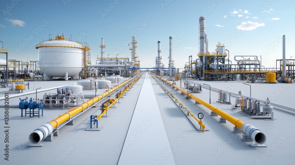 Fototapeta premium Aerial view of a massive oil and gas refinery complex with a network of interconnected pipelines storage tanks and towering industrial structures