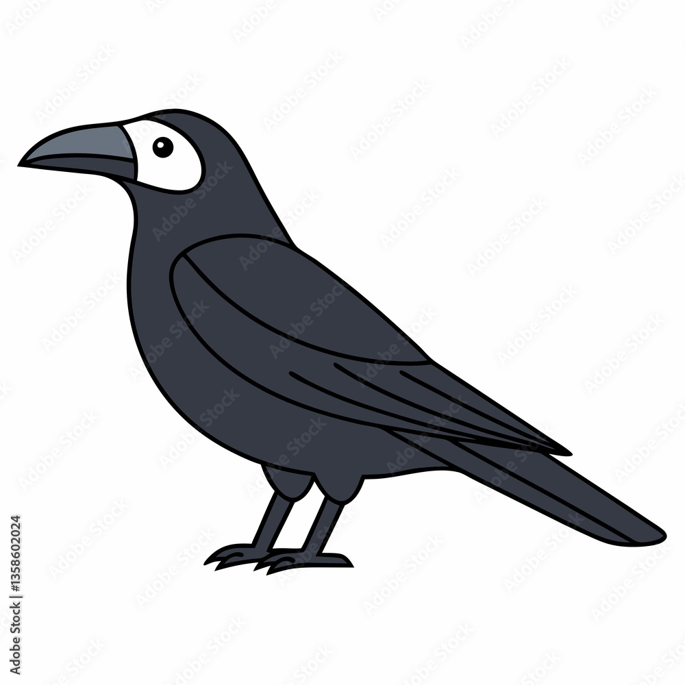 Fototapeta premium A striking dark crow with a distinctive white eye patch stands alert, showcasing its sleek feathers and sharp beak against a clean white background.