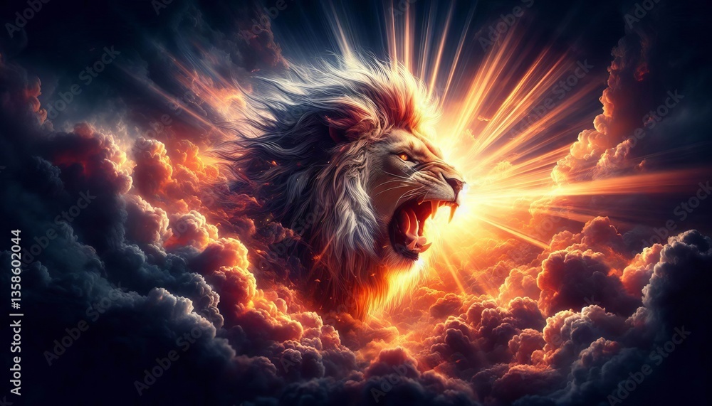 A strong lion roaring as rays of sunlight break through clouds i A strong lion roaring as rays of sunlight break through clouds i