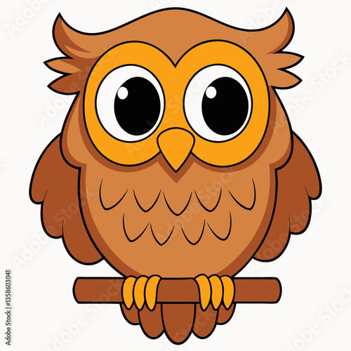 A charming, wide-eyed owl perched on a branch, a delightful cartoon with warm brown and orange tones.
