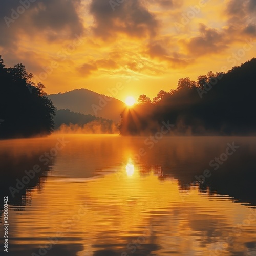 Breathtaking sunrise over a tranquil lake, with mist rising and mountains in the background.