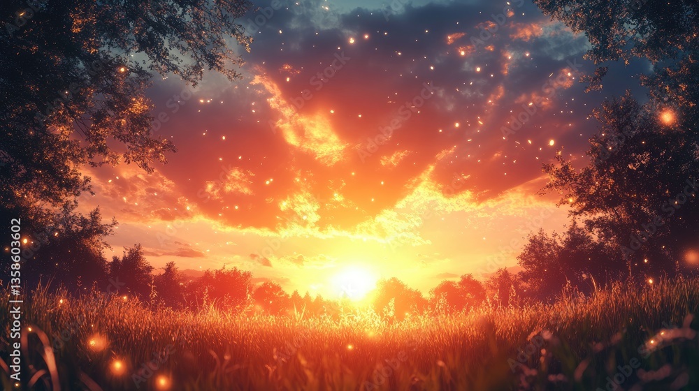 Magical sunset over field, fireflies, trees Magical sunset over field, fireflies, trees