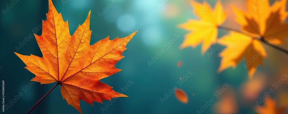 Golden autumn leaf with vibrant hues of orange and yellow set against a serene blue background, background, fall Golden autumn leaf with vibrant hues of orange and yellow set against a serene blue background, background, fall