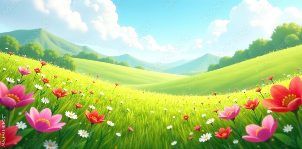 Obraz premium Grassland landscape background with vibrant flowers in 3D rendering, greenery, beautiful