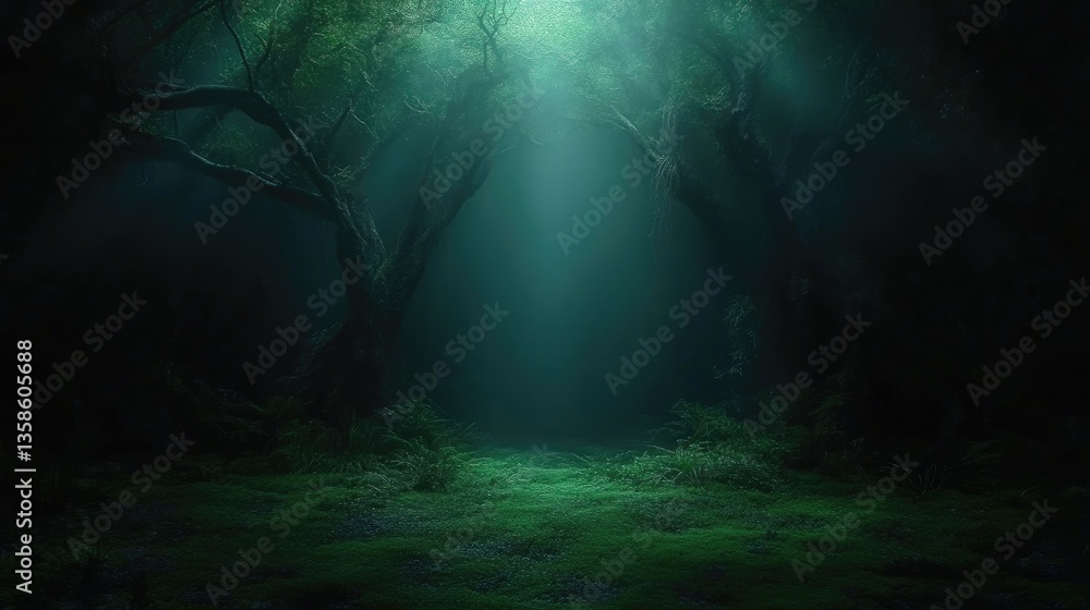 Fototapeta premium Mystical forest glade bathed in ethereal light. Lush green foliage, moss-covered ground, and towering trees form a dark, mysterious ambiance. 