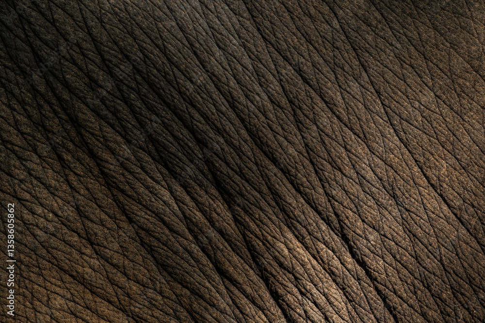 The background pattern of the elephant skin is dark black. The pattern on the elephant skin with the skin and hair of the elephant is sharp and detailed.
