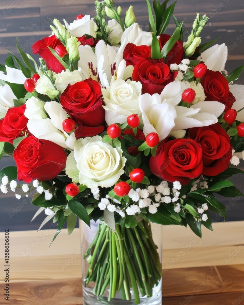 Obraz premium A beautifully crafted ceramic vase holds a vibrant arrangement of red and white flowers, their petals delicately unfurling, adding a touch of elegance to the surrounding space.