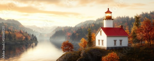 A serene landscape featuring a lighthouse by a calm river, surrounded by autumn foliage and mountains, under a soft sunset sky.