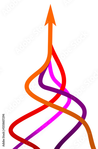 Colorful lines in orange with red and purple intertwine and converge to form single upward pointing arrow against on white background, Arrows in same direction rising to suggesting growth or progress