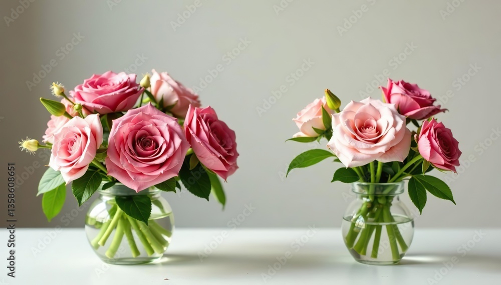 Lush arrangements of fresh blooms in small vases as table centerpieces, elegant, design Lush arrangements of fresh blooms in small vases as table centerpieces, elegant, design
