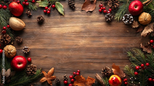 Autumnal Festive Background: Rustic Wooden Table Decorated with Apples, Pine Cones, Berries, and Leaves